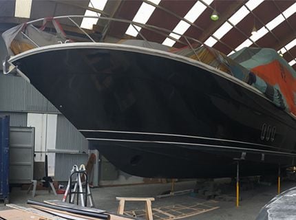 Motor Launch vinyl wrapped in 3M Boat Blue